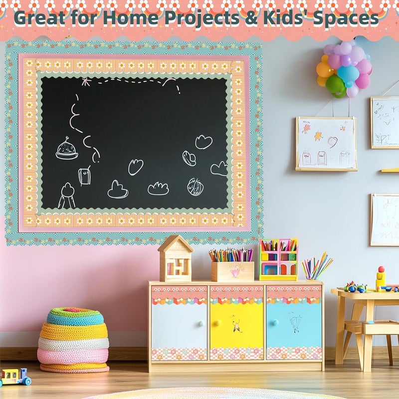 DASTTUIS 6 Rolls 196.8 Ft Groovy Boho Bulletin Board Border Set - Colorful Classroom Trim - Retro Rainbow & Daisy Flower for Teachers, School & Office Decor - Perfect for Birthday, Back to School Theme - Image 4